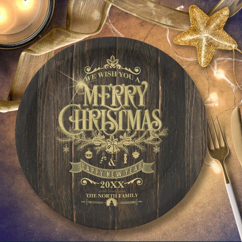 Rustic Christmas Typography Gold ID550 Paper Plates