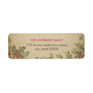Rustic Christmas Vintage Holly Leaves Red Berries Label