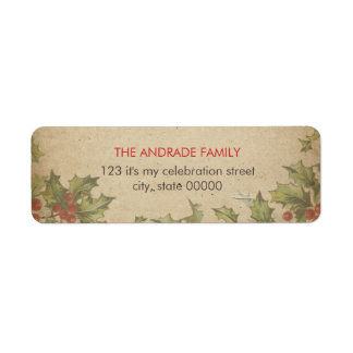 Rustic Christmas Vintage Holly Leaves Red Berries Label