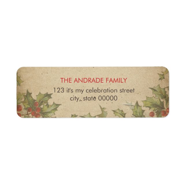 Rustic Christmas Vintage Holly Leaves Red Berries Label (Front)