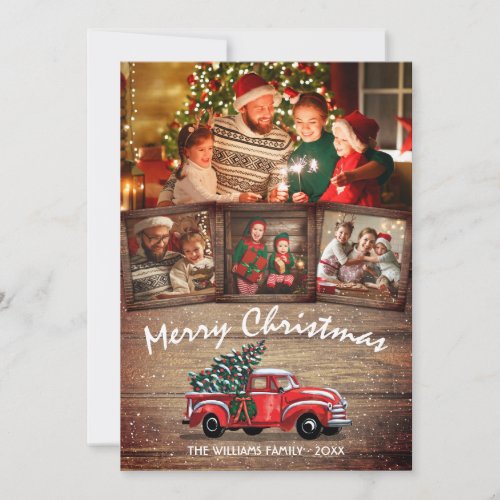 Rustic Christmas Vintage Red Truck 4 Family Photo Holiday Card
