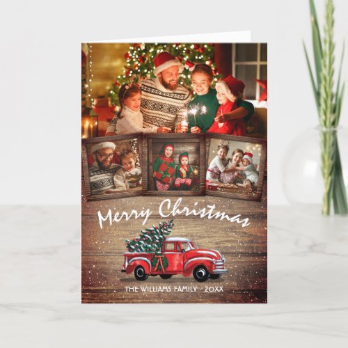 Rustic Christmas Vintage Red Truck 4 Family Photo Holiday Card
