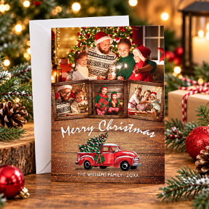 Rustic Christmas Vintage Red Truck 4 Family Photo Holiday Card
