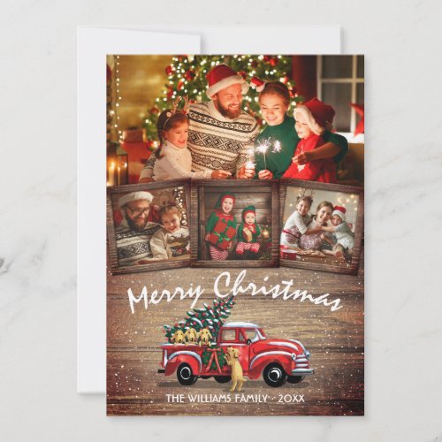 Rustic Christmas Vintage Red Truck Dogs 4 Photo Holiday Card