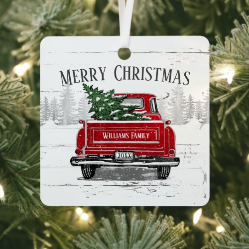 Rustic Christmas Vintage Red Truck Family Name Metal Ornament