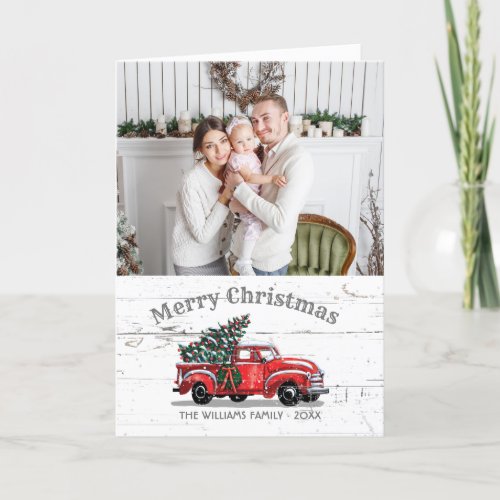 Rustic Christmas Vintage Red Truck Photo Wood Holiday Card