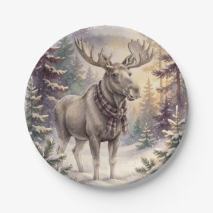 Rustic Christmas Watercolor Moose Plaid Scarf Paper Plates