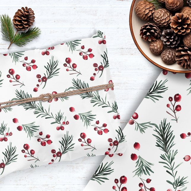 Rustic Christmas Watercolor Pine Branch Berry Tissue Paper (Rustic Christmas Watercolor Pine Branch Berry Tissue Paper)