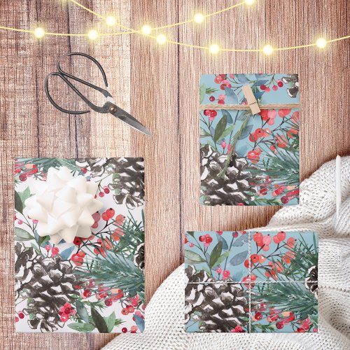 Rustic Christmas Watercolor Pinecones  Berries Wrapping Paper Sheets