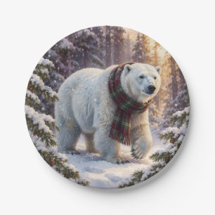 Rustic Christmas Watercolor Polar Bear Plaid Scarf Paper Plates