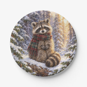 Rustic Christmas Watercolor Raccoon Plaid Scarf Paper Plates