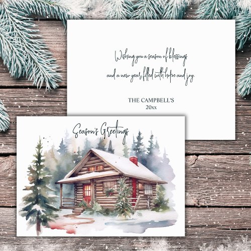 Rustic Christmas Watercolor Woodland Cabin  Holiday Card