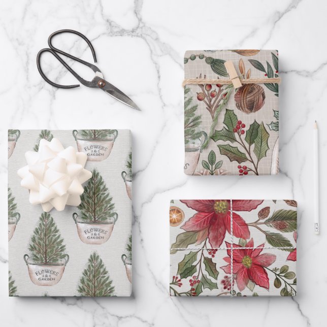 Rustic Christmas Watercolor Wrapping Paper Sheets (Front)