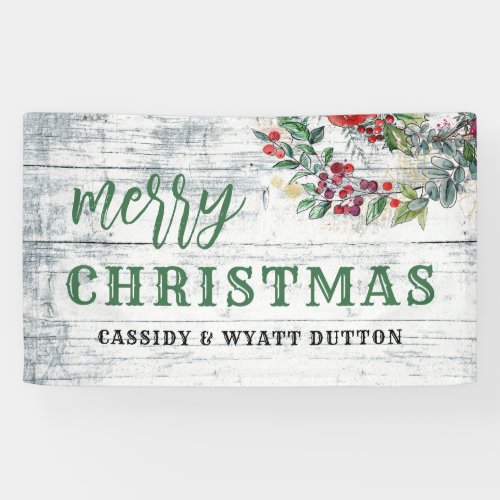 Rustic Christmas Weathered Wood Holly Berries Banner