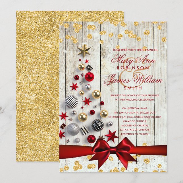Rustic Christmas Wedding Bauble Tree Gold Glitter Invitation (Front/Back)