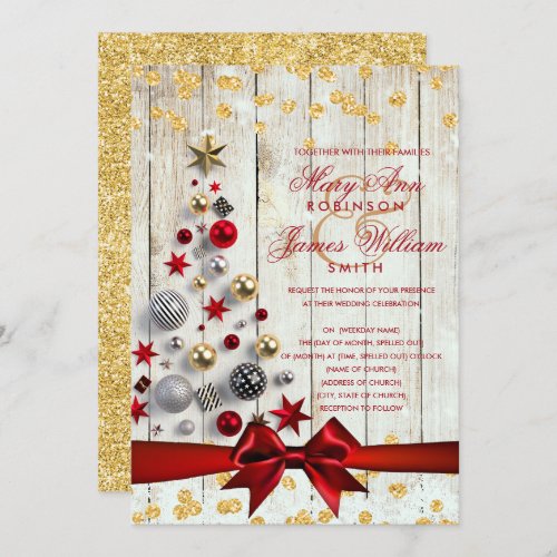 Rustic Christmas Wedding Bauble Tree Gold Glitter Invitation