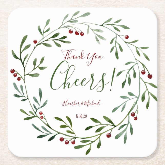 Rustic Christmas Wedding Favor Personalized Party Square Paper Coaster (Front)