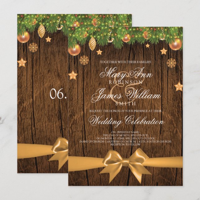 Rustic Christmas Wedding Gold Decorations & Ribbon Invitation (Front/Back)