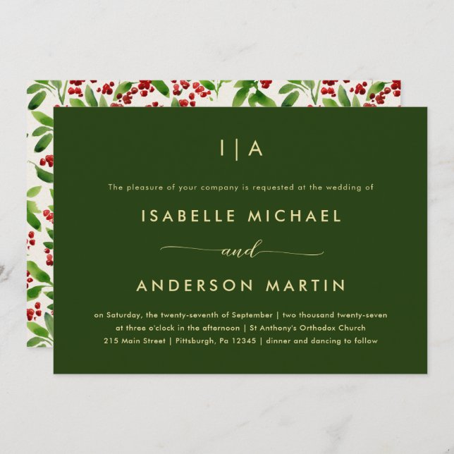 Rustic Christmas Wedding Green Invitation (Front/Back)