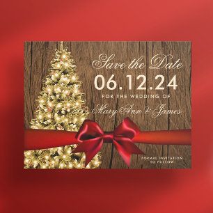 Rustic Christmas Wedding Save Date Tree & Ribbon Announcement Postcard