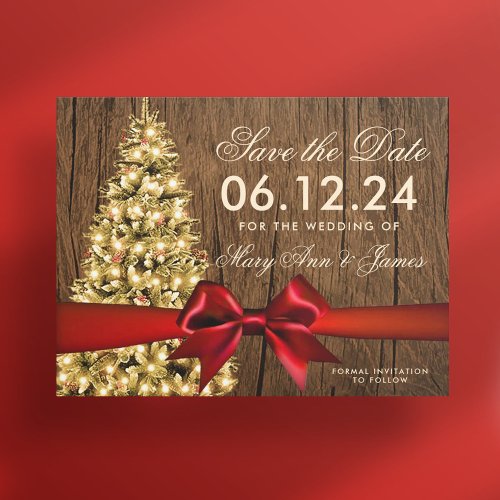 Rustic Christmas Wedding Save Date Tree  Ribbon Announcement Postcard