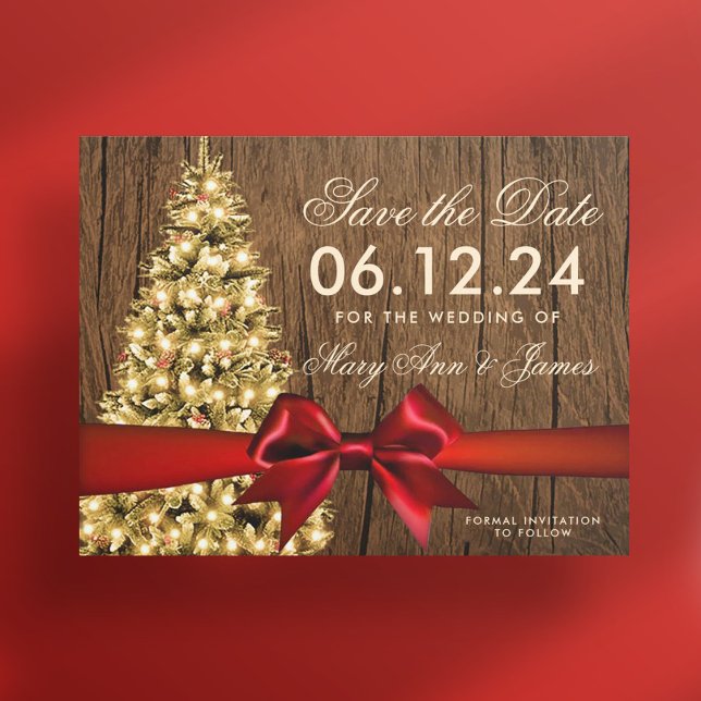 Rustic Christmas Wedding Save Date Tree & Ribbon Announcement Postcard (Rustic Christmas Wedding Save Date Tree & Ribbon Announcement Postcard)