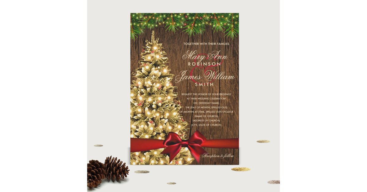 Rustic Christmas Wedding Tree, Lights & Red Ribbon Invitation | Zazzle
