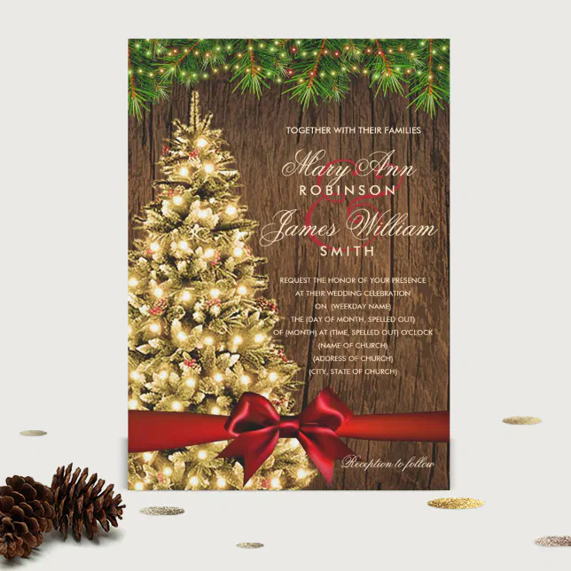 Rustic Christmas Wedding Tree, Lights & Red Ribbon Invitation | Zazzle