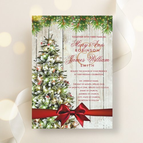 Rustic Christmas Wedding Tree Lights  Red Ribbon Invitation