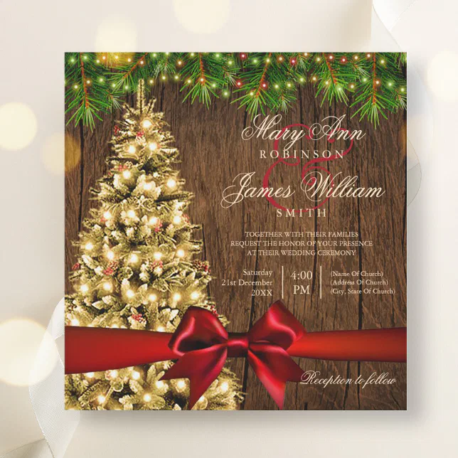 Rustic Christmas Wedding Tree, Lights & Red Ribbon Invitation | Zazzle
