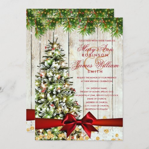 Rustic Christmas Wedding Tree Ribbon Gold Glitter Invitation