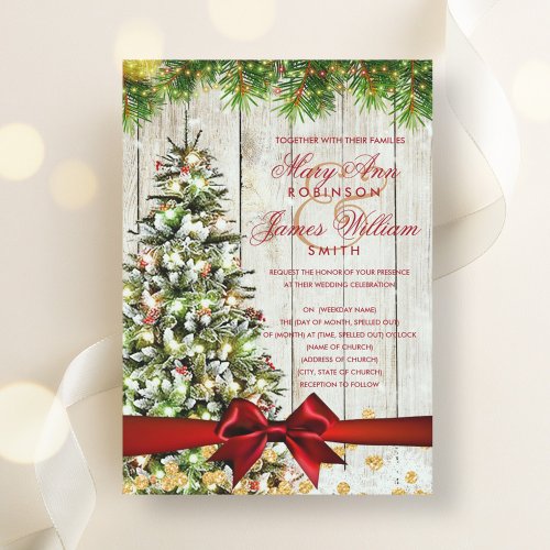 Rustic Christmas Wedding Tree Ribbon Gold Glitter Invitation