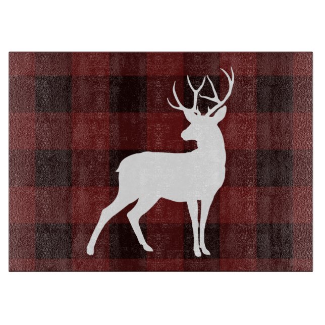 Rustic Christmas White Buck Country Buffalo Plaid Cutting Board (Front)