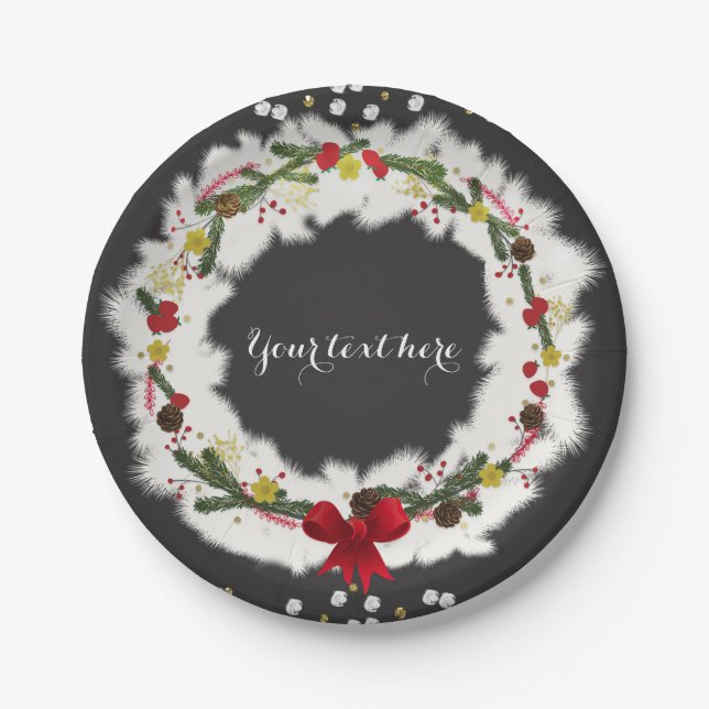 Rustic Christmas White Pine Wreath Holiday Party Paper Plates (Front)