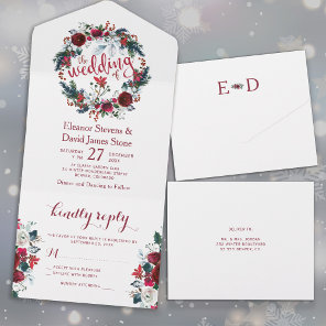 Rustic Christmas winter floral wreath wedding RSVP All In One Invitation