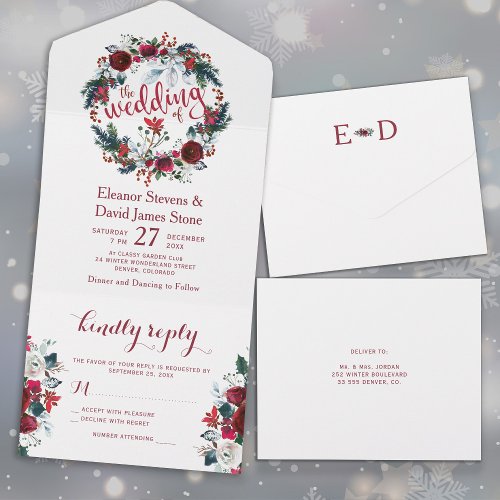 Rustic Christmas winter floral wreath wedding RSVP All In One Invitation