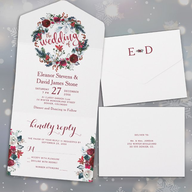 Rustic Christmas winter floral wreath wedding RSVP All In One Invitation (Creator Uploaded)