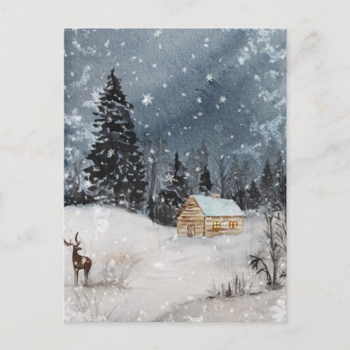Rustic Christmas Winter Night Snow Cabin Deer Holiday Postcard