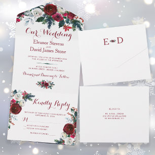 Rustic Christmas winter red floral wedding RSVP All In One Invitation