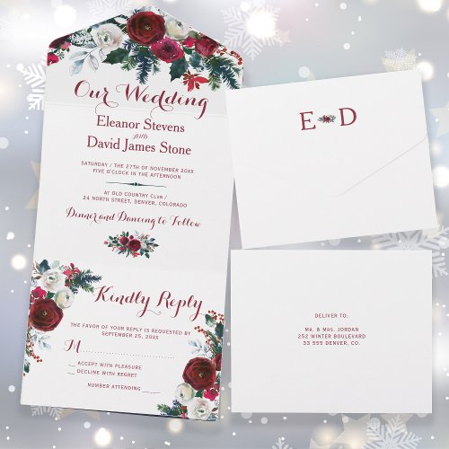 Rustic Christmas winter red floral wedding RSVP All In One Invitation