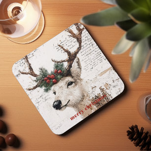 Rustic Christmas Winter Reindeer Square Paper Coaster
