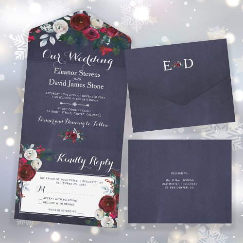 Rustic Christmas winter wedding floral RSVP All In One Invitation