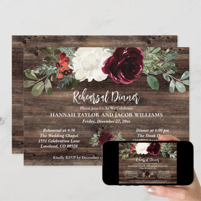 Rustic Christmas Winter Wedding Rehearsal Dinner Invitation Zazzle