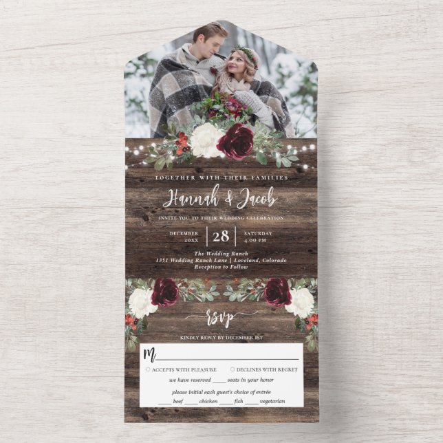 Rustic Christmas Winter Wood Photo Wedding All In One Invitation (Inside)