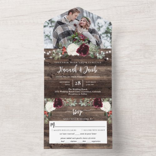 Rustic Christmas Winter Wood Photo Wedding All In One Invitation