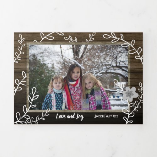 Rustic Christmas Wood and Vines Multi Photo Tri_Fold Holiday Card