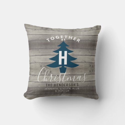 Rustic Christmas Wood Grey Blue Family Monogram Throw Pillow