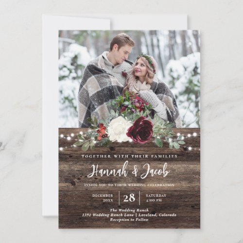 Rustic Christmas Wood String Lights Photo Wedding Invitation