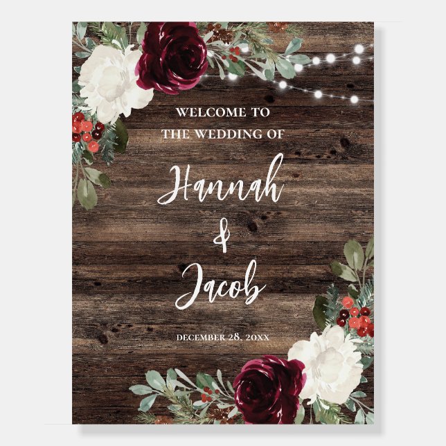 Rustic Christmas Wood Winter Wedding Welcome Sign (Front)