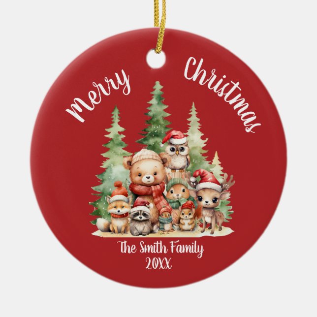 RUSTIC CHRISTMAS WOODLAND ANIMALS CERAMIC ORNAMENT (Front)